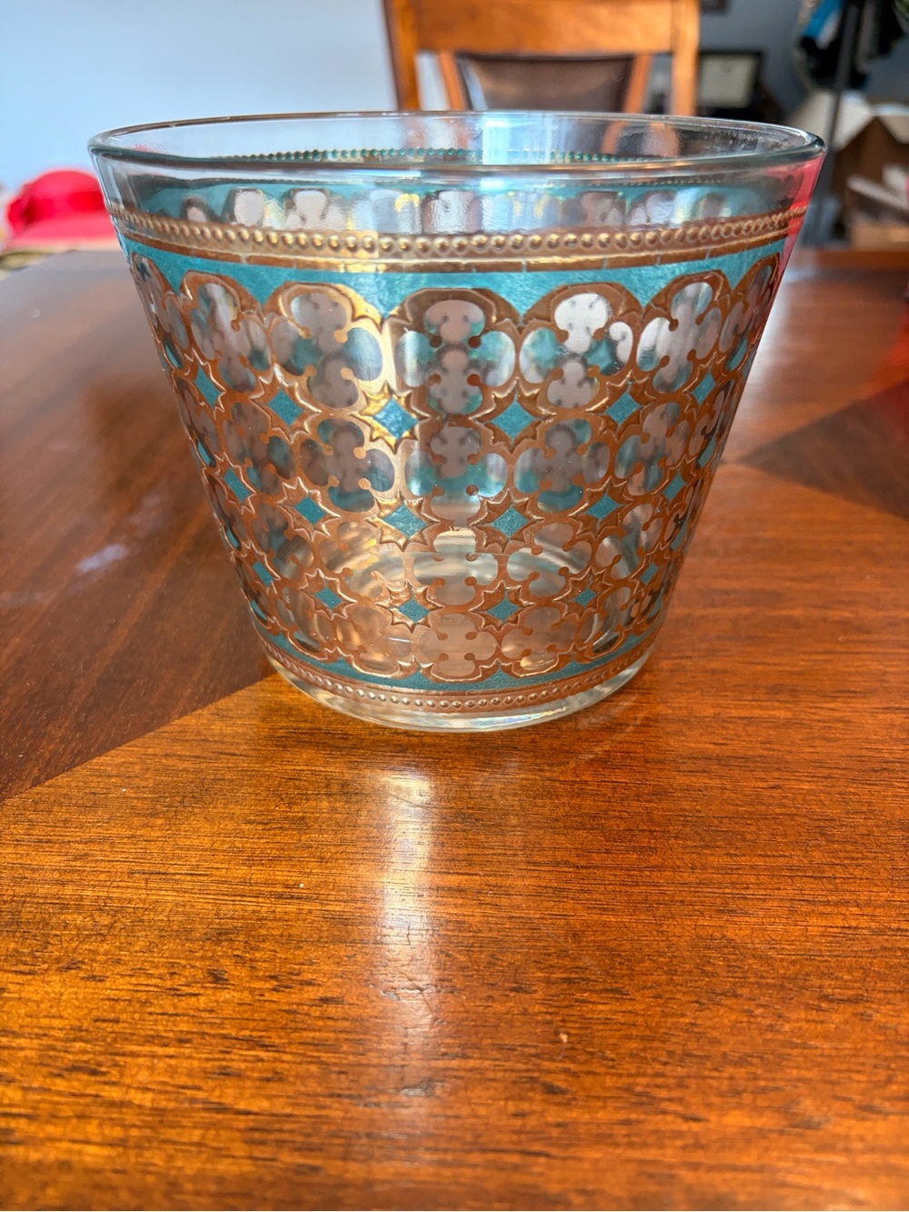 Vintage Teal & Gold Quatrefoil Glass Ice Bucket